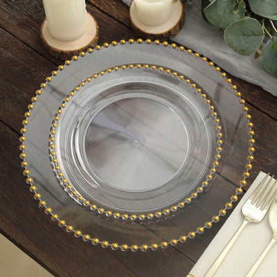 10-Pack Clear Plastic Dessert Plates â€“ 8" Round with Gold Beaded Rim, Disposable for Parties & Events