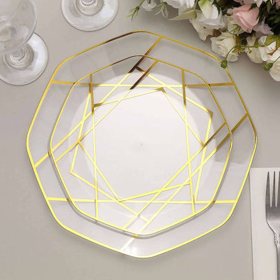 10-Pack Plastic 8" Octagon Dessert Plates in Clear - Modern Disposable Salad/Appetizer Plates with Gold Geometric Design for Special Occasions & Celebrations