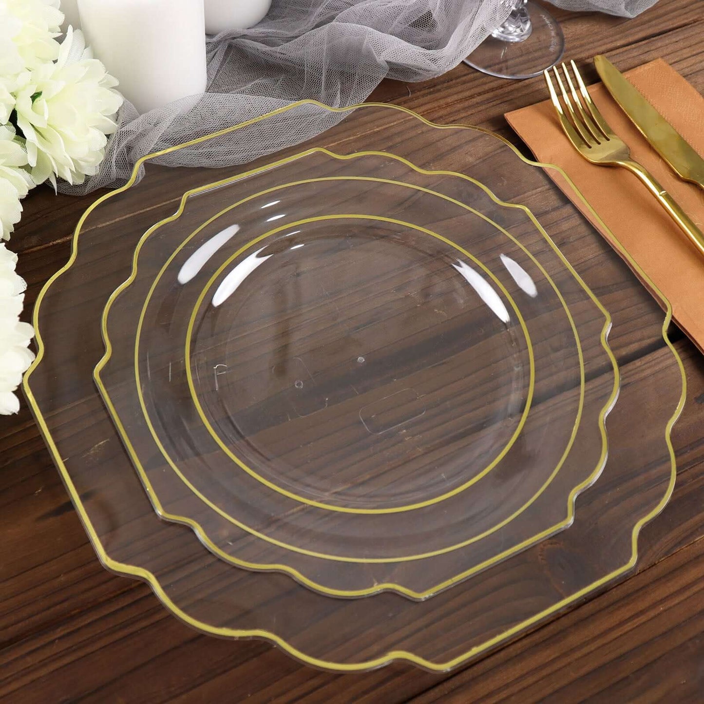 10-Pack Plastic Dessert Appetizer Plates in Clear Baroque Design with Scalloped Gold Rim - Heavy Duty Disposable Salad Plates 8"