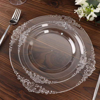 10-Pack Plastic 8" Round Dessert Plates in Clear with Silver Leaf Embossed Rim - Disposable Vintage Baroque Style Salad Plates