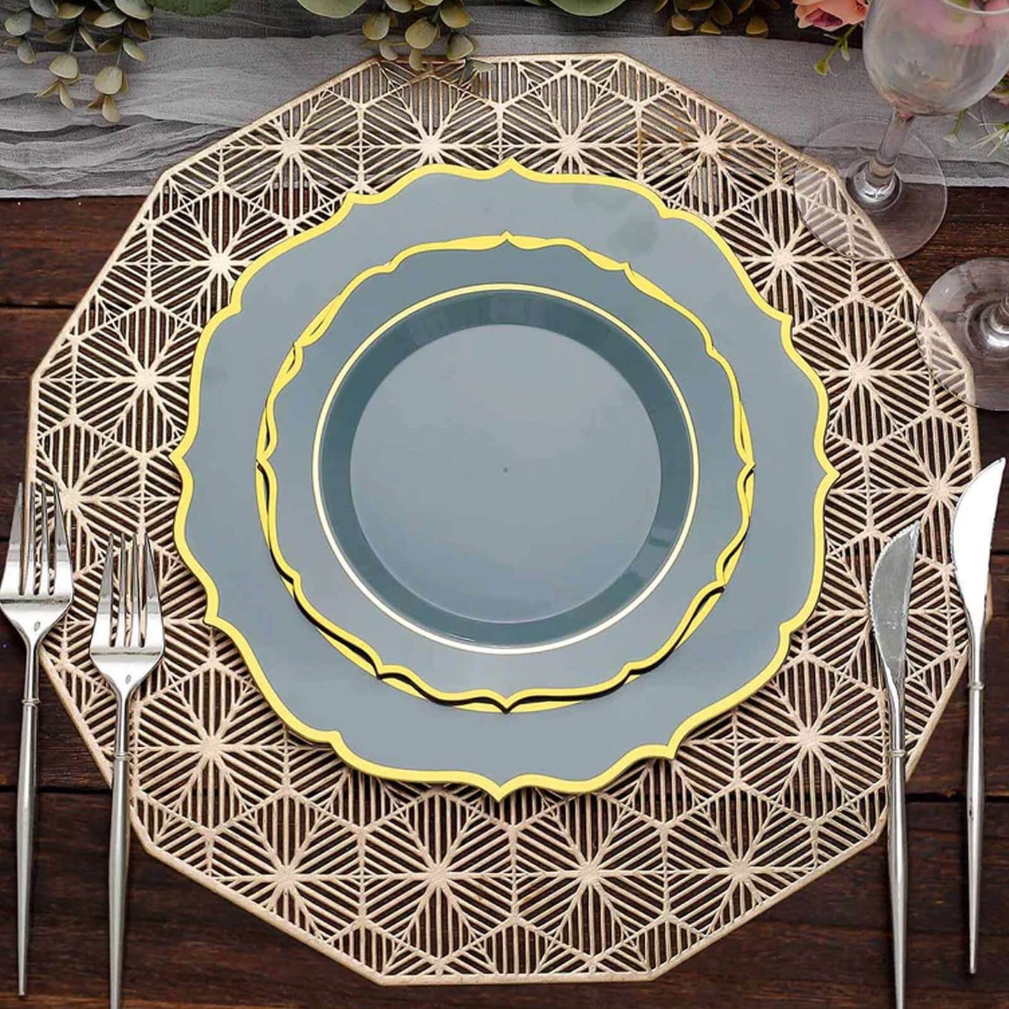 10-Pack Plastic 8" Round Dessert Plates in Dusty Blue with Gold Scalloped Rim - Disposable Appetizer/Salad Plates