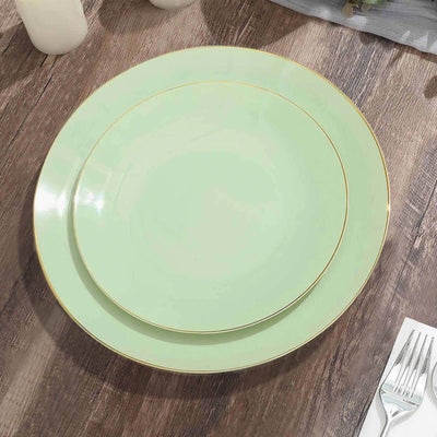 10-Pack Plastic 8" Round Dessert Plates in Sage Green with Gold Rim - Glossy Disposable Appetizer Salad Plates