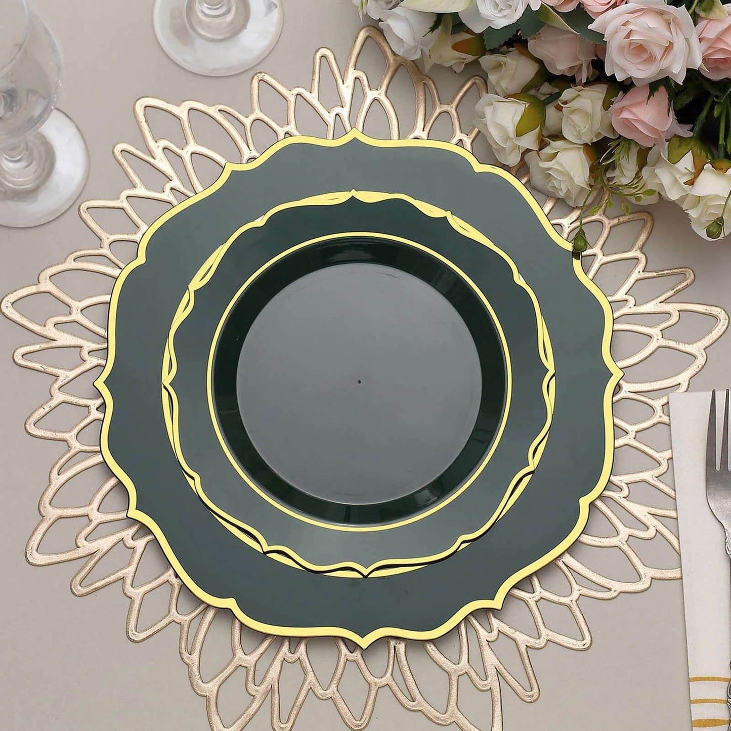 10-Pack Plastic 8" Round Dessert Plates in Hunter Emerald Green with Gold Scalloped Rim - Disposable Appetizer/Salad Plates