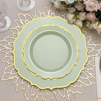 10-Pack Plastic 8" Round Dessert Plates in Sage Green with Gold Scalloped Rim - Disposable Appetizer/Salad Plates