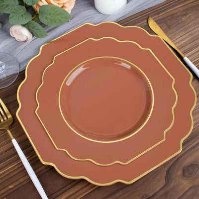 10-Pack Plastic Dessert Appetizer Plates in Terracotta (Rust) Baroque Design with Scalloped Gold Rim - Heavy Duty Disposable Salad Plates 8"