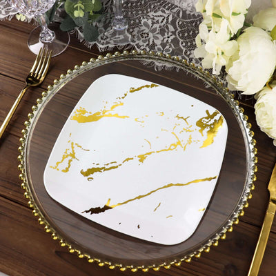 10-Pack Plastic 8" Square Dessert Plates in White with Gold Marble Design - Disposable Appetizer Salad Party Plates for Weddings, Banquets & Special Events