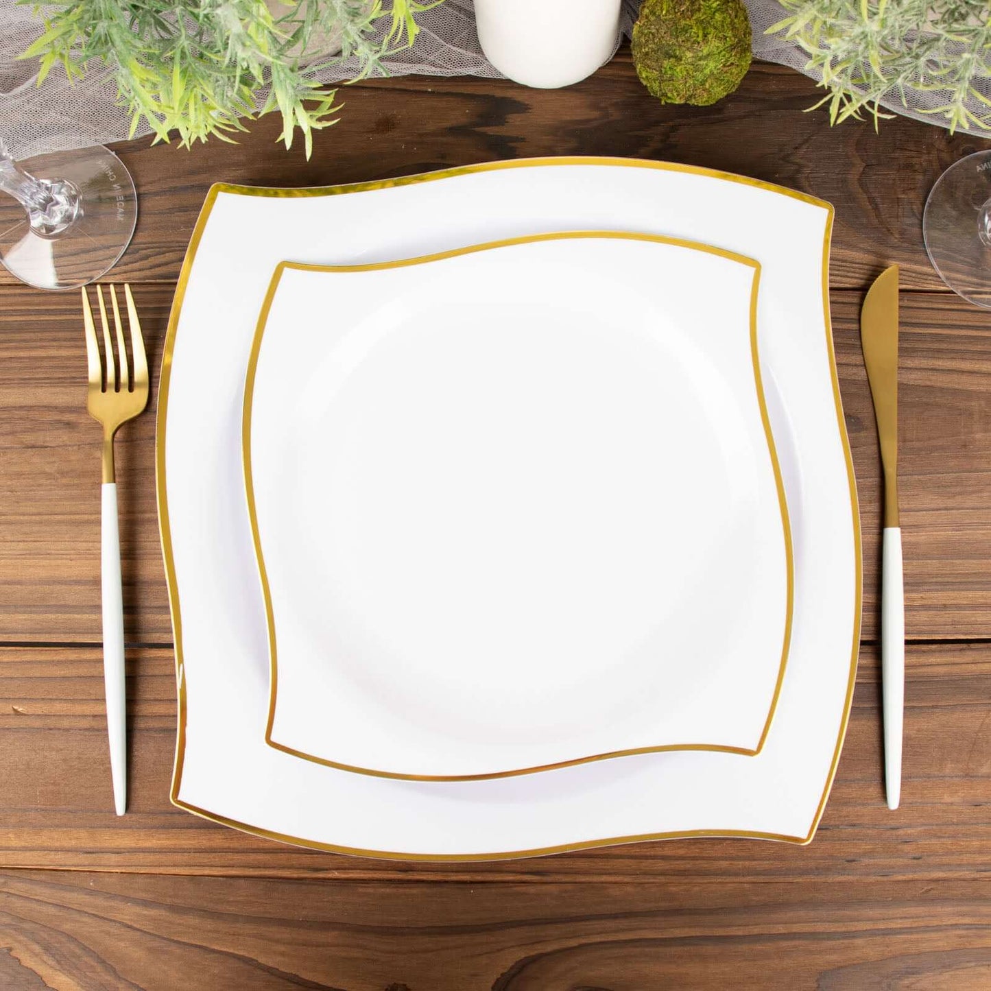 10-Pack Plastic 8" Square Dessert Plates in White with Gold Wavy Rim Modern - Disposable Salad Appetizer Party Plates for Luxe Events & Banquets