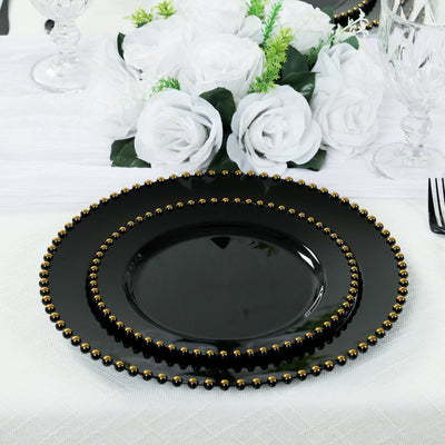 10-Pack Black Plastic Dessert Plates â€“ 8" Round with Gold Beaded Rim, Disposable for Parties & Events