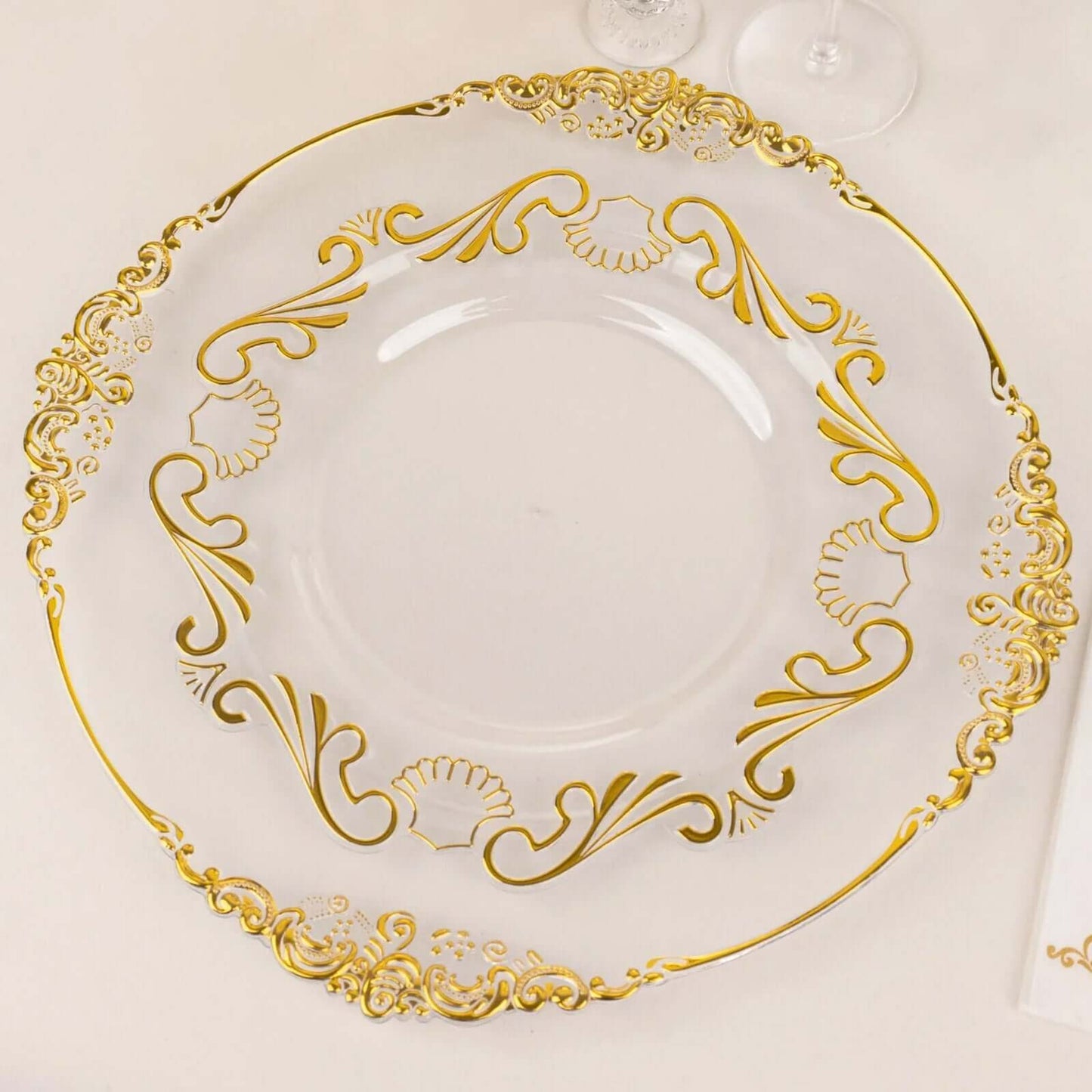10-Pack Plastic 10" Round Dinner Plates in Clear with Gold Vintage Baroque Scalloped Rim - European Style Disposable Party Plates