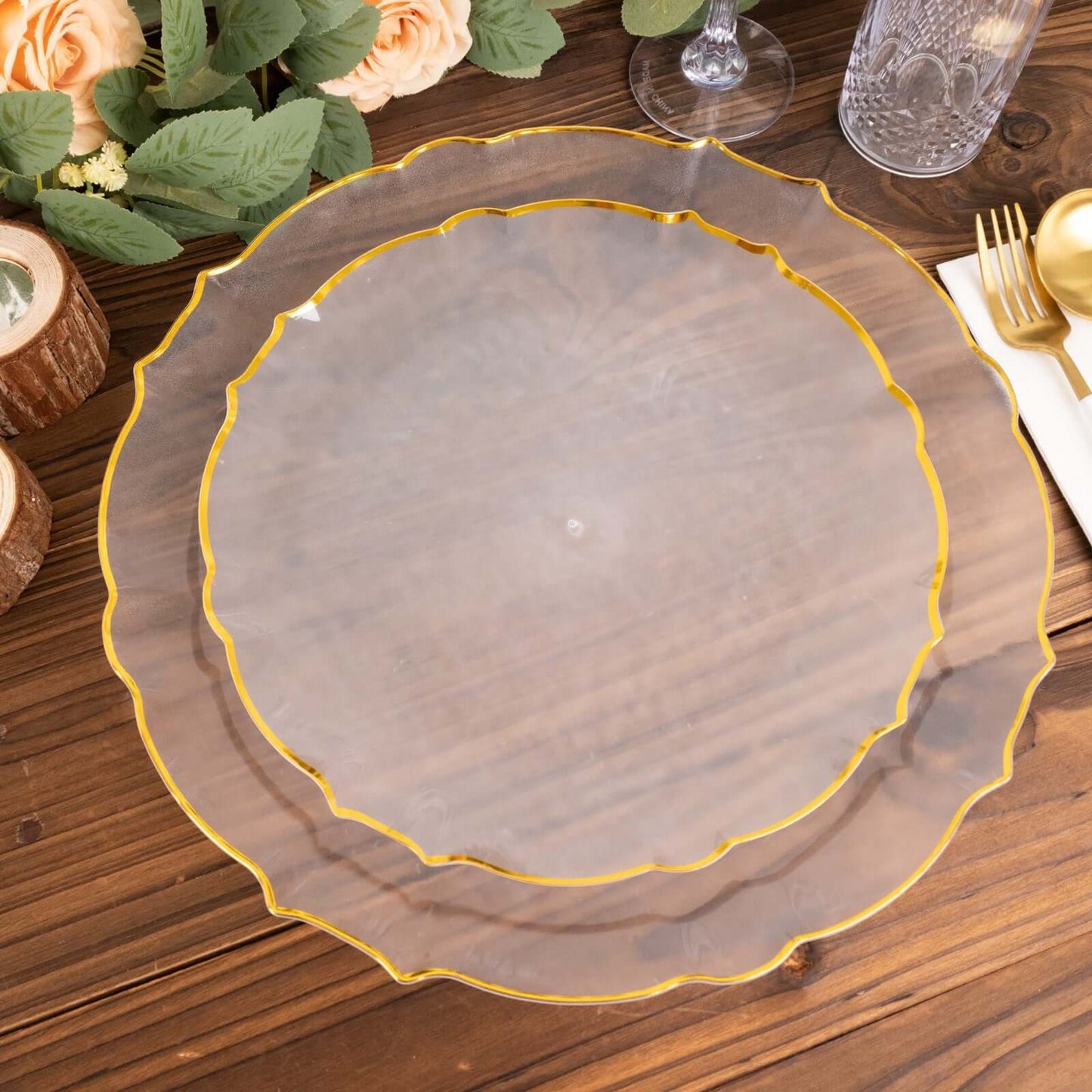 10-Pack Plastic 7" Round Dessert Appetizer Plates in Clear Sunflower with Gold Scalloped Rim - Disposable Salad Plates for Classy Events & Banquets