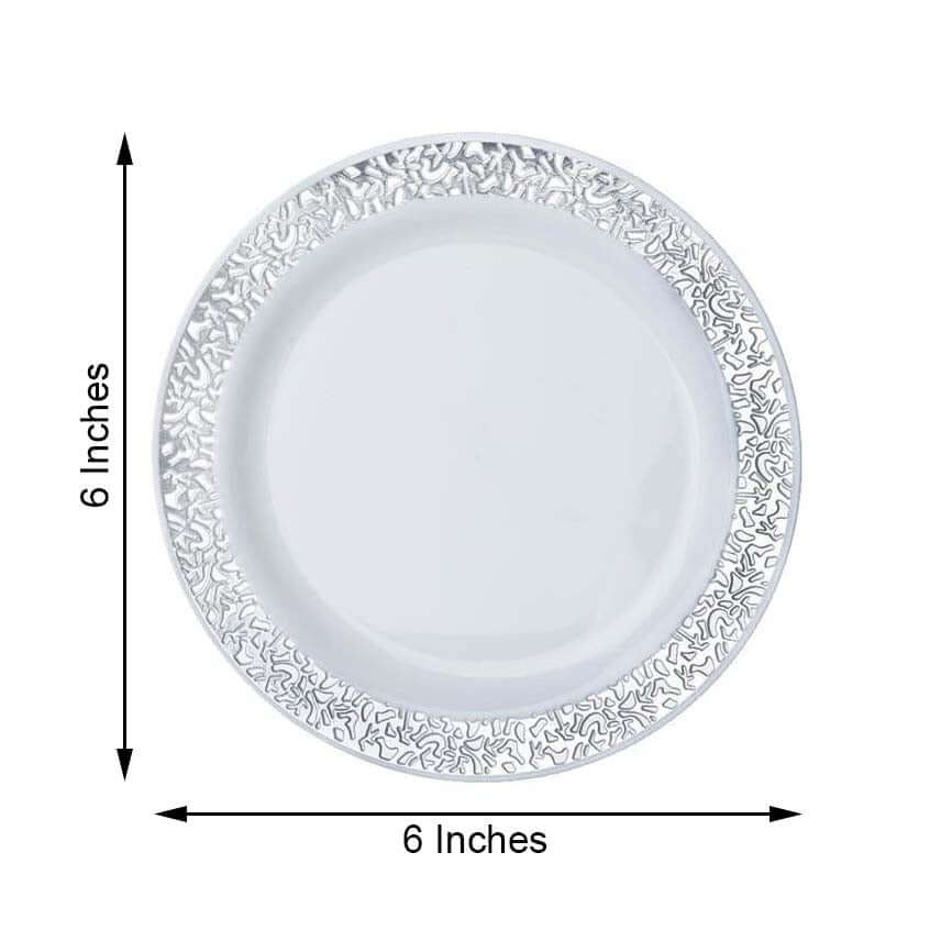 10 - Pack Dessert Plates Lace Rim Design White with Silver - Plastic Disposable Appetizer Plates for Events 6" - Linen Luxes