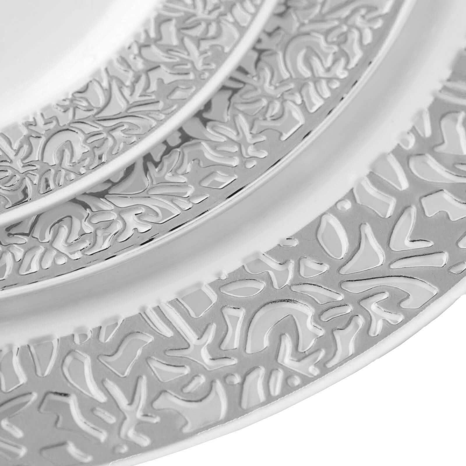 10 - Pack Dessert Plates Lace Rim Design White with Silver - Plastic Disposable Appetizer Plates for Events 6" - Linen Luxes