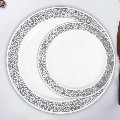 10 - Pack Dessert Plates Lace Rim Design White with Silver - Plastic Disposable Appetizer Plates for Events 6" - Linen Luxes
