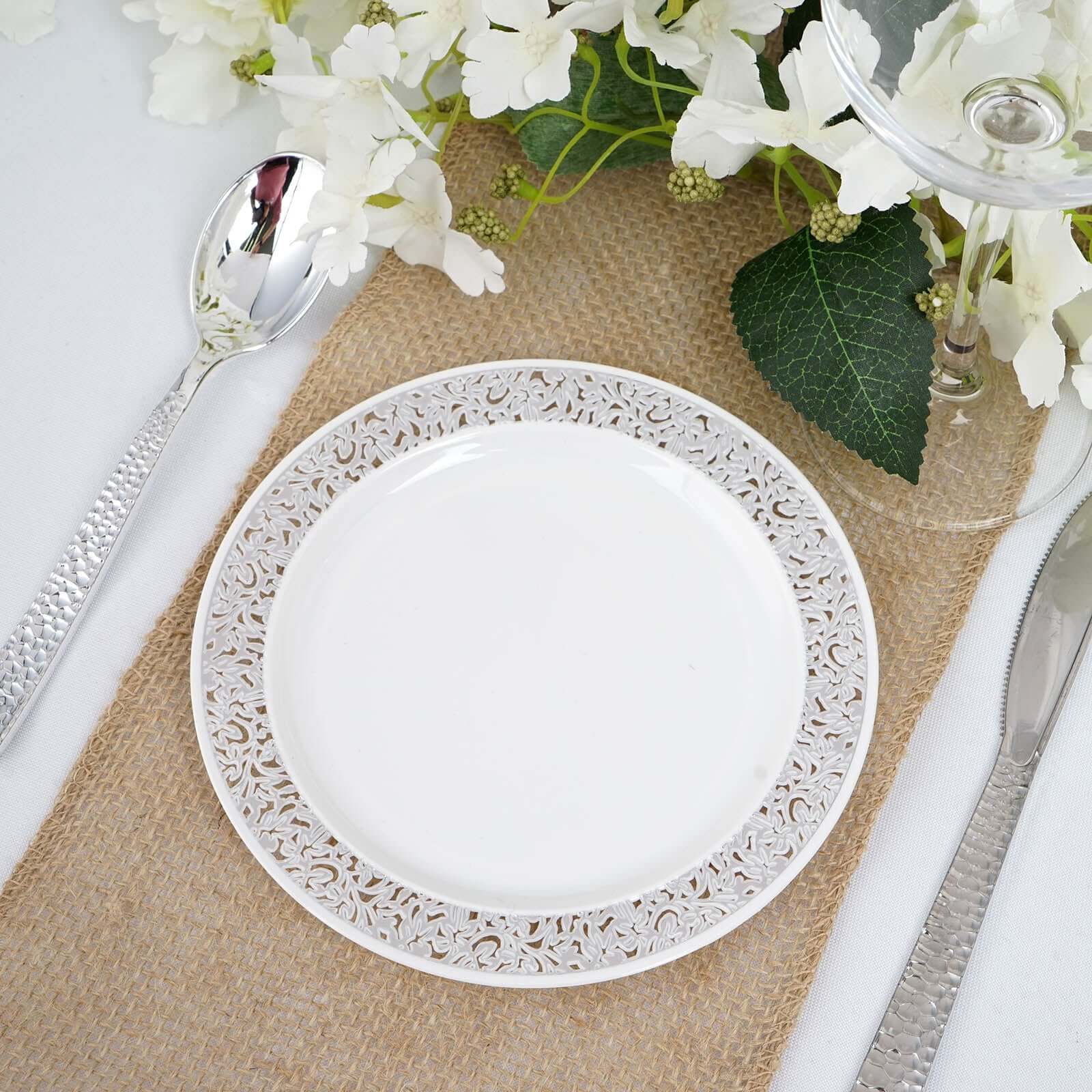 10 - Pack Dessert Plates Lace Rim Design White with Silver - Plastic Disposable Appetizer Plates for Events 6" - Linen Luxes