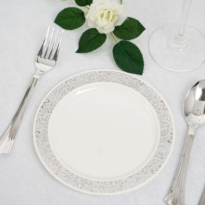 10 - Pack Dessert Plates Lace Rim Design White with Silver - Plastic Disposable Appetizer Plates for Events 6" - Linen Luxes