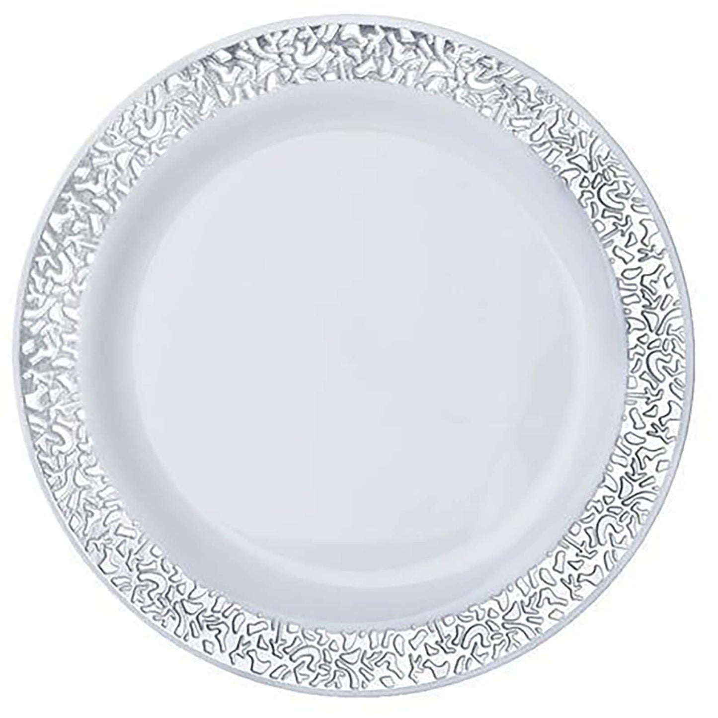 10 - Pack Dessert Plates Lace Rim Design White with Silver - Plastic Disposable Appetizer Plates for Events 6" - Linen Luxes