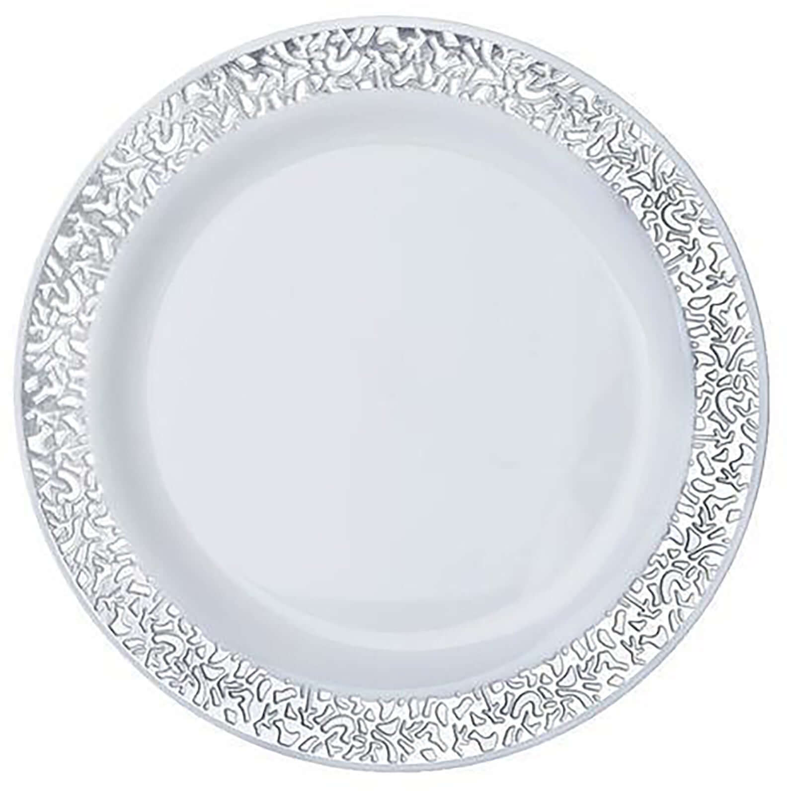10 - Pack Dessert Plates Lace Rim Design White with Silver - Plastic Disposable Appetizer Plates for Events 6" - Linen Luxes