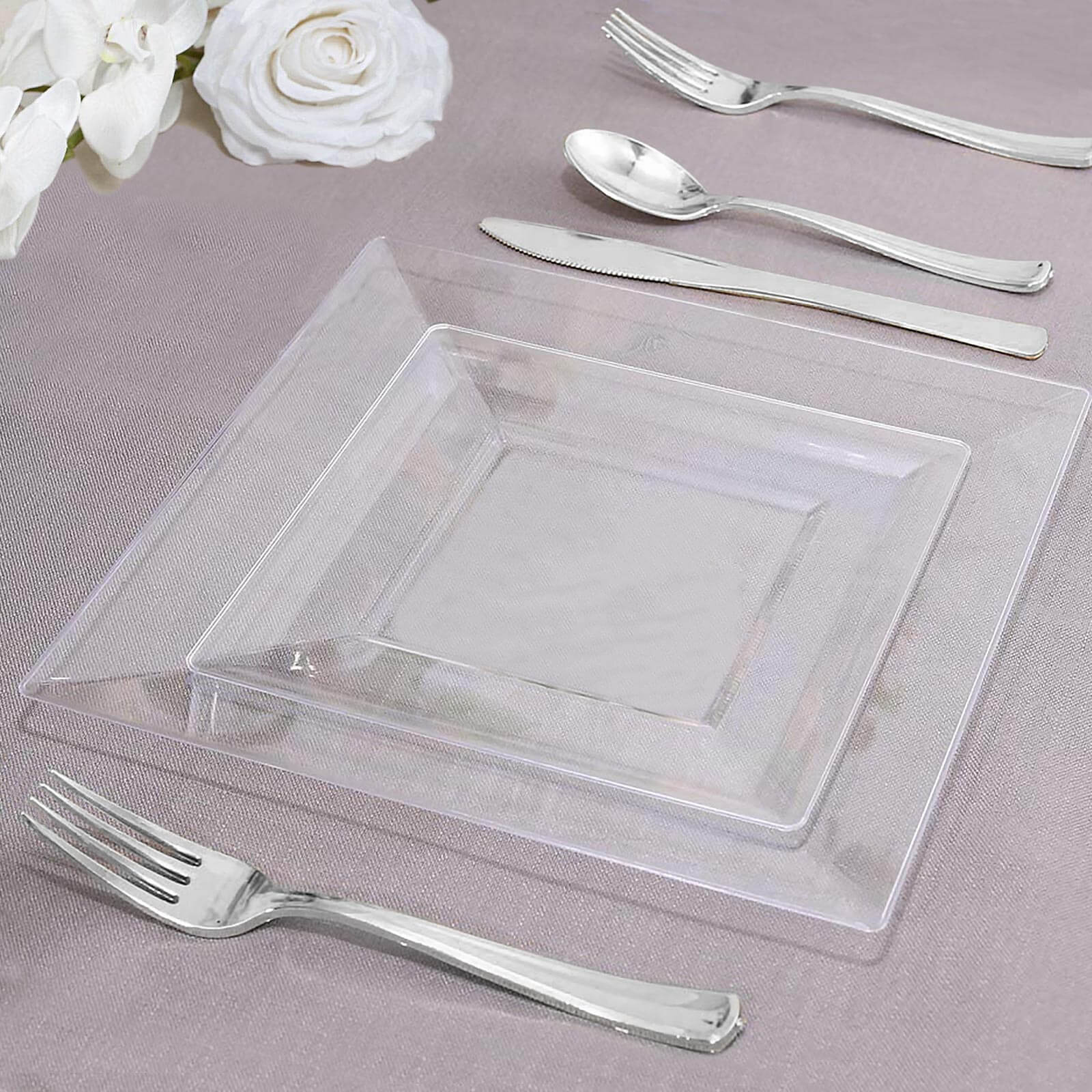 10 - Pack Dessert Plates Square Design with Wide Rim Glossy Clear - Plastic Disposable Plates for Events 6" - Linen Luxes