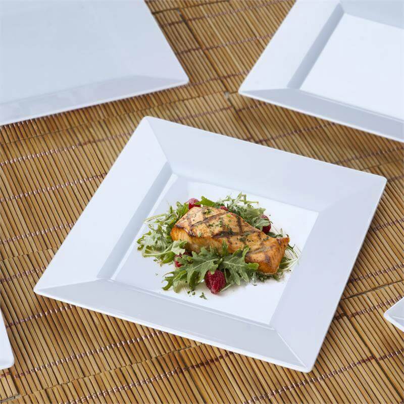 10 - Pack Dessert Plates Square Design with Wide Rim Glossy White - Plastic Disposable Plates for Events 6" - Linen Luxes