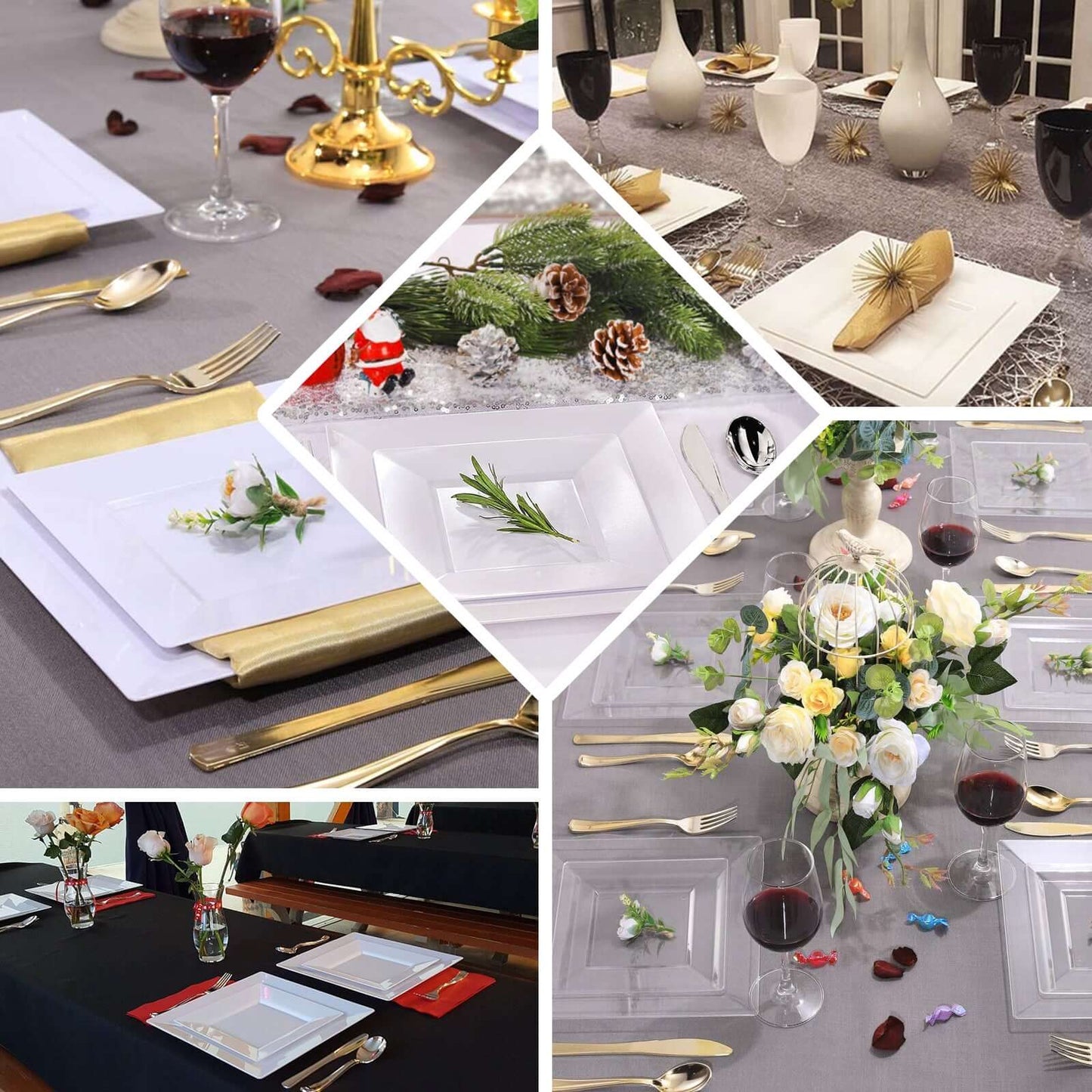 10 - Pack Dessert Plates Square Design with Wide Rim Glossy White - Plastic Disposable Plates for Events 6" - Linen Luxes