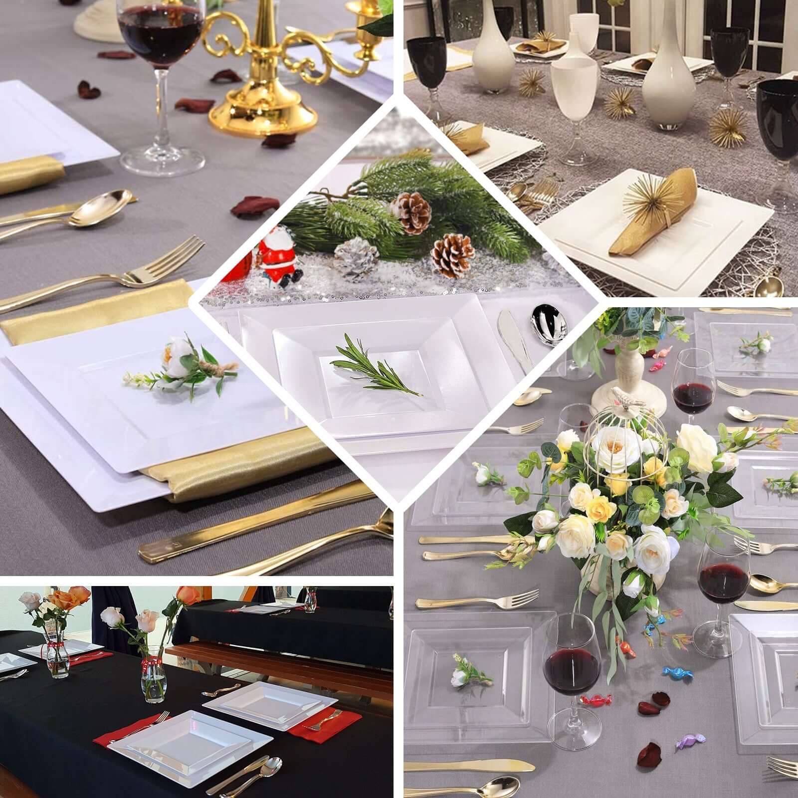 10 - Pack Dessert Plates Square Design with Wide Rim Glossy White - Plastic Disposable Plates for Events 6" - Linen Luxes