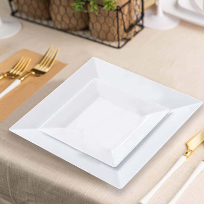10 - Pack Dessert Plates Square Design with Wide Rim Glossy White - Plastic Disposable Plates for Events 6" - Linen Luxes
