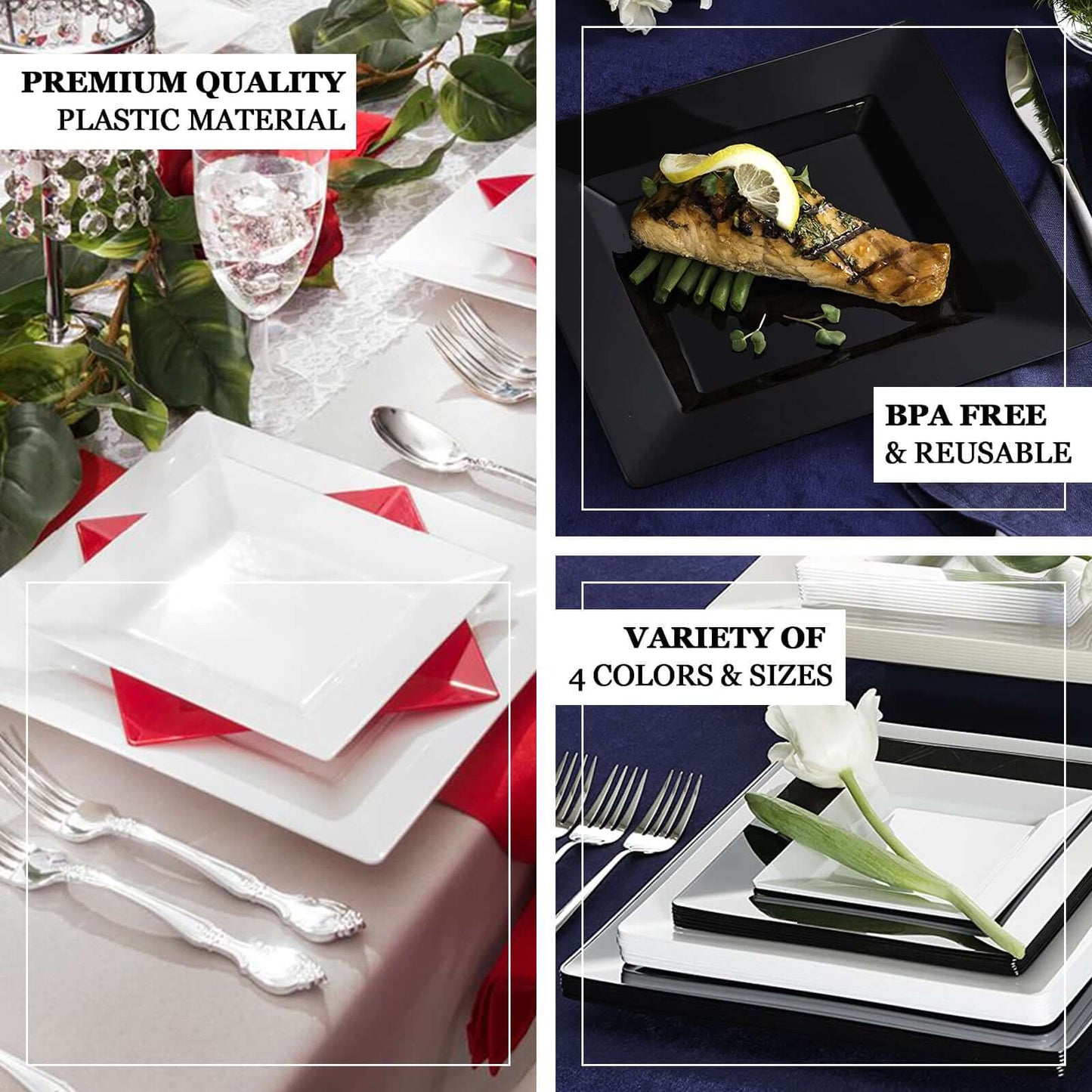 10 - Pack Dessert Plates Square Design with Wide Rim Glossy White - Plastic Disposable Plates for Events 6" - Linen Luxes