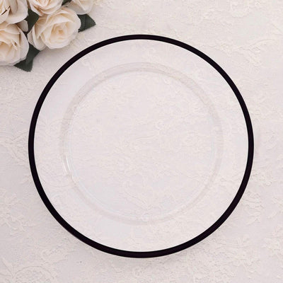 10-Pack Economy Plastic Round Charger Plates 12" in Clear with Wide Black Rim, Decorative Dinner Party Serving Plates