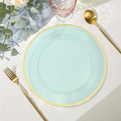 10-Pack Economy Plastic Round Charger Plates 12" in Transparent Blue with Wide Gold Rim, Decorative Dinner Party Serving Plates