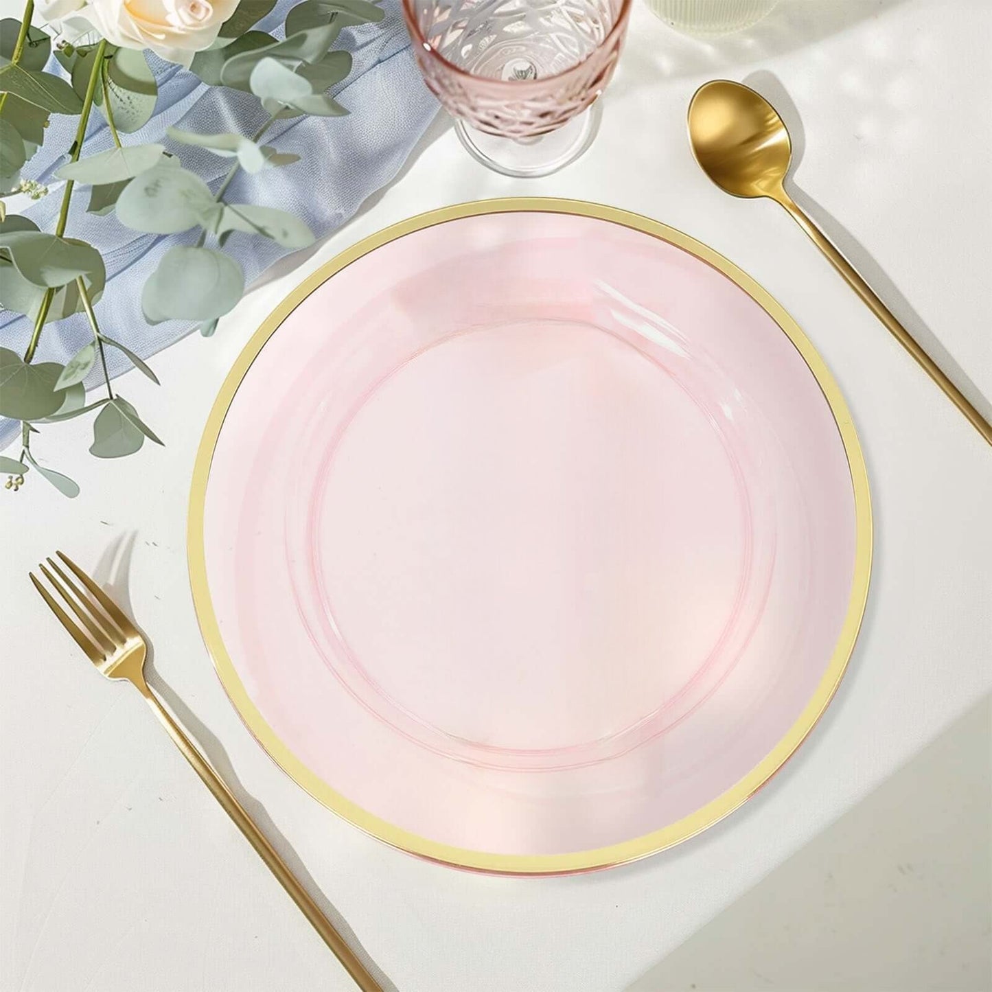 10-Pack Economy Plastic Round Charger Plates 12" in Transparent Blush with Wide Gold Rim, Decorative Dinner Party Serving Plates