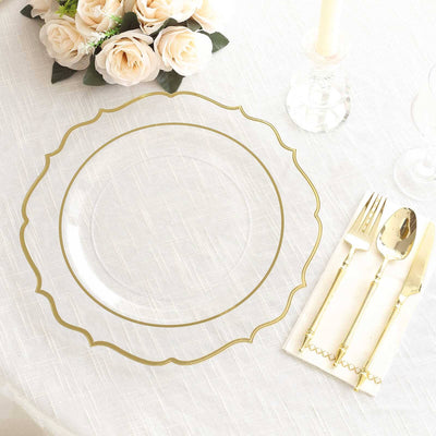 10-Pack Economy Plastic Round Charger Plates 13" in Clear with Gold Scalloped Rim, Decorative Dinner Party Serving Plates