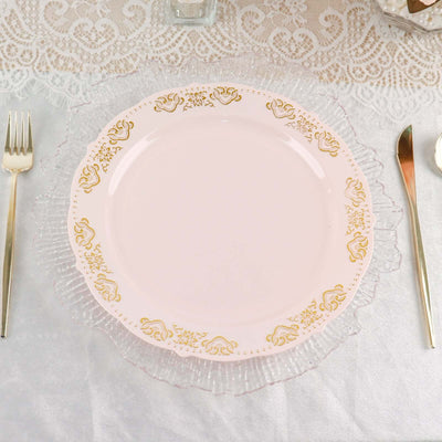 10-Pack Plastic 10" Round Dinner Plates in Blush with Gold Embossed Scalloped Edge - Chic Disposable Party Plates for Special Occasions & Banquets