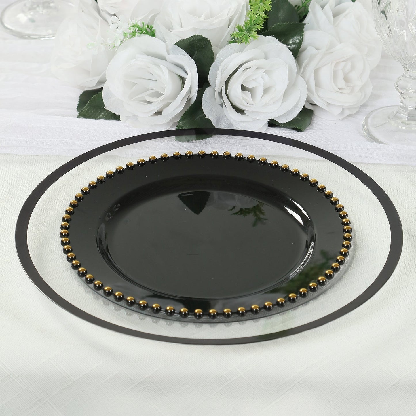 10-Pack Plastic 10" Round Dinner Plates in Black with Gold Beaded Rim - Disposable Party Plates for Banquets & Festive Occasions