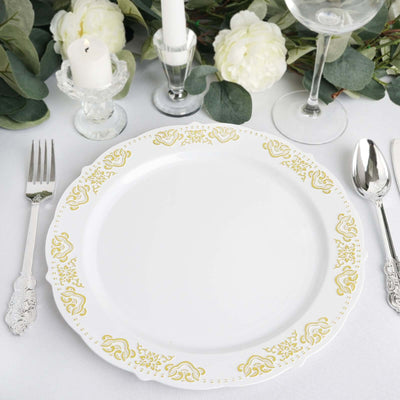 10 - Pack Plastic 10" Round Dinner Plates in White with Gold Embossed Scalloped Edge - Chic Disposable Party Plates for Special Occasions & Banquets - Linen Luxes