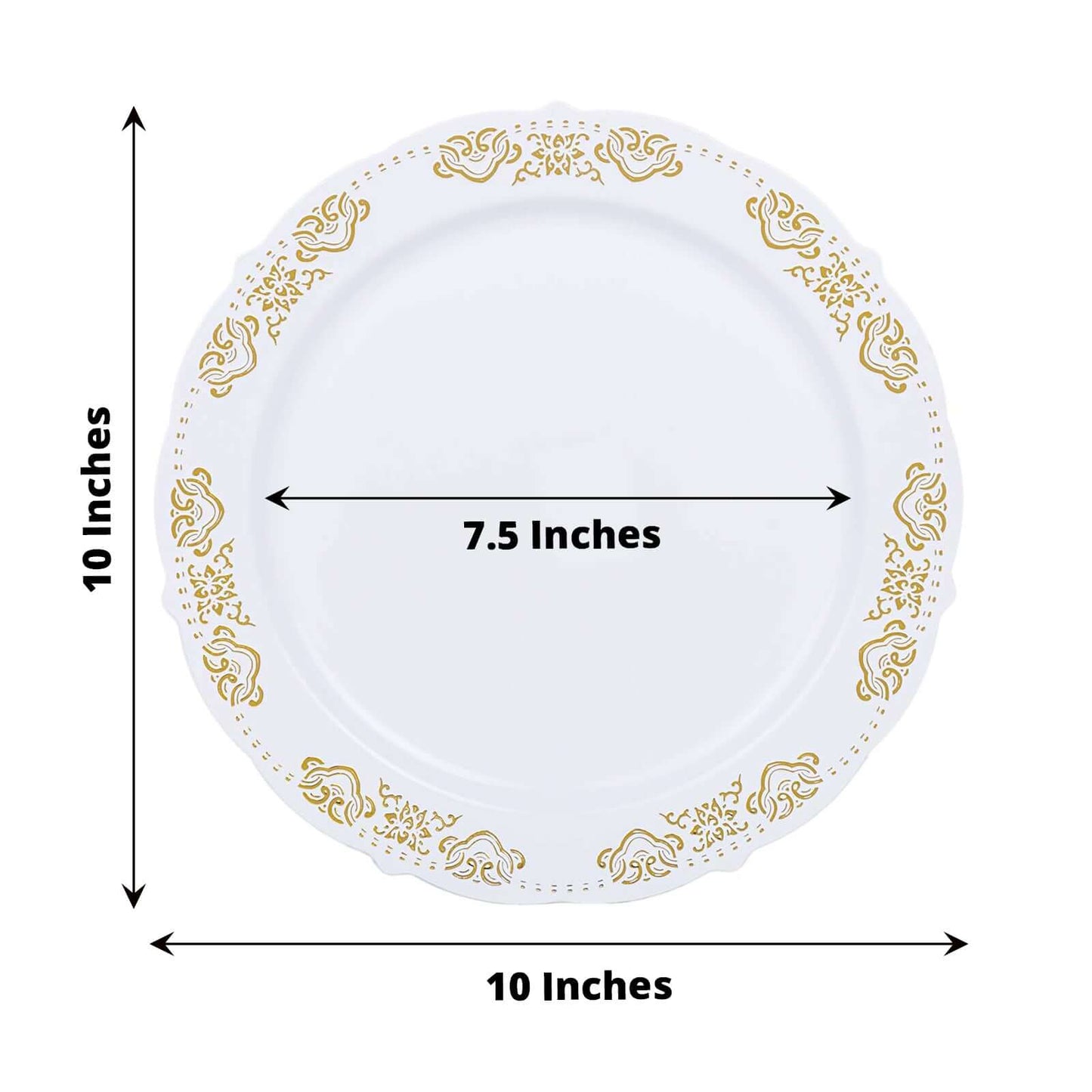 10 - Pack Plastic 10" Round Dinner Plates in White with Gold Embossed Scalloped Edge - Chic Disposable Party Plates for Special Occasions & Banquets - Linen Luxes