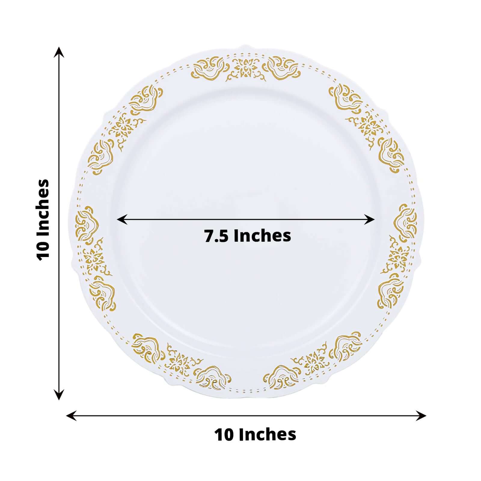 10 - Pack Plastic 10" Round Dinner Plates in White with Gold Embossed Scalloped Edge - Chic Disposable Party Plates for Special Occasions & Banquets - Linen Luxes