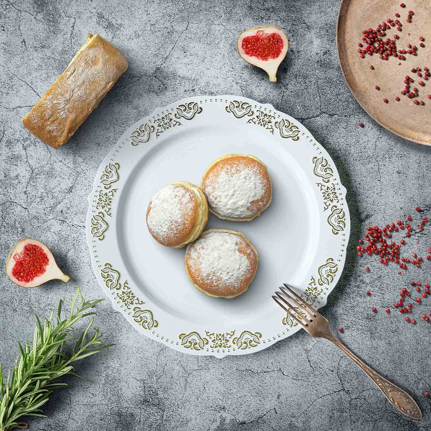 10 - Pack Plastic 10" Round Dinner Plates in White with Gold Embossed Scalloped Edge - Chic Disposable Party Plates for Special Occasions & Banquets - Linen Luxes