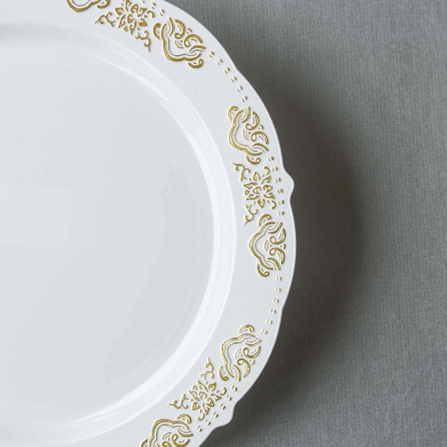 10 - Pack Plastic 10" Round Dinner Plates in White with Gold Embossed Scalloped Edge - Chic Disposable Party Plates for Special Occasions & Banquets - Linen Luxes