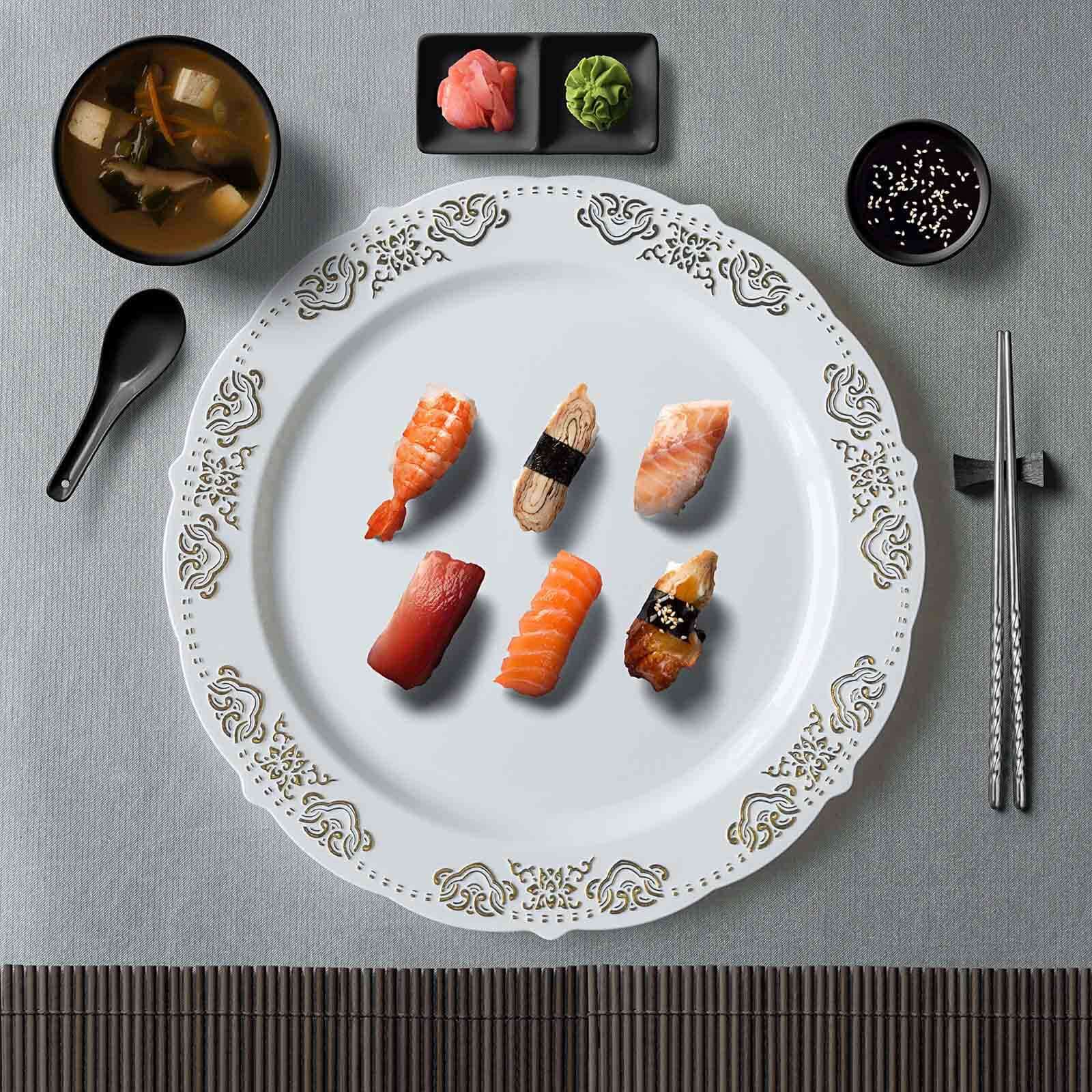 10 - Pack Plastic 10" Round Dinner Plates in White with Gold Embossed Scalloped Edge - Chic Disposable Party Plates for Special Occasions & Banquets - Linen Luxes