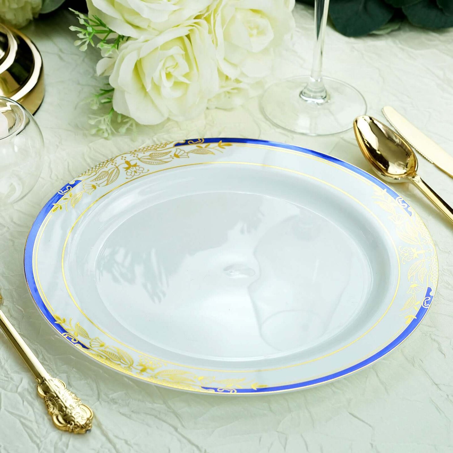 10 - Pack Plastic 10" Round Dinner Plates in White with Royal Blue Rim - Stylish Gold Vine Design Disposable Party Plates for Special Occasions & Celebrations - Linen Luxes