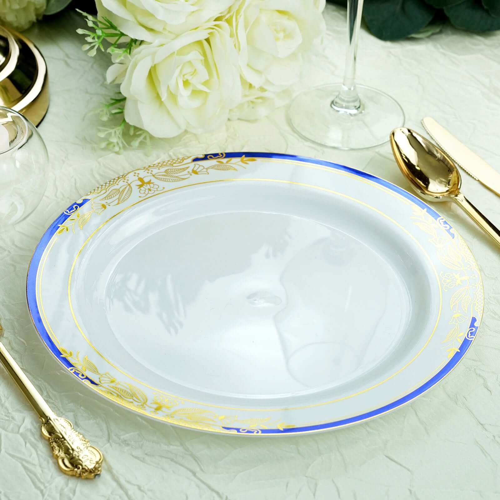 10 - Pack Plastic 10" Round Dinner Plates in White with Royal Blue Rim - Stylish Gold Vine Design Disposable Party Plates for Special Occasions & Celebrations - Linen Luxes