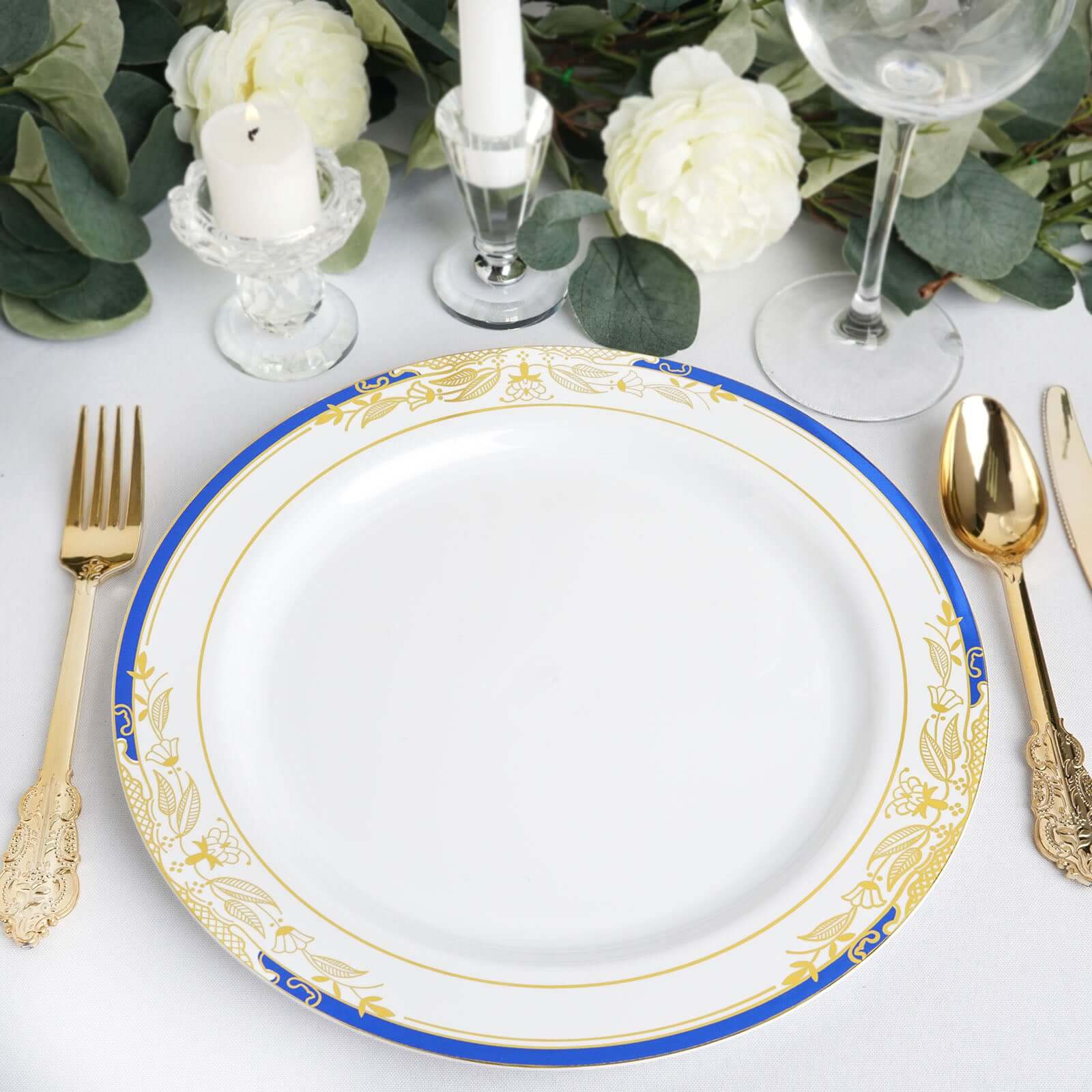 10 - Pack Plastic 10" Round Dinner Plates in White with Royal Blue Rim - Stylish Gold Vine Design Disposable Party Plates for Special Occasions & Celebrations - Linen Luxes
