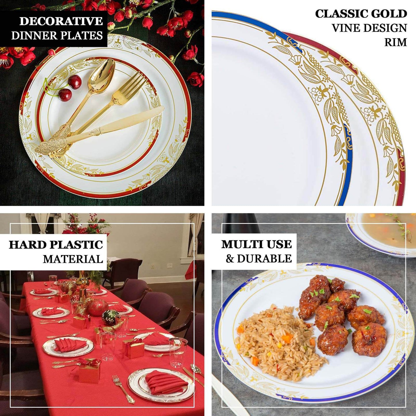 10 - Pack Plastic 10" Round Dinner Plates in White with Royal Blue Rim - Stylish Gold Vine Design Disposable Party Plates for Special Occasions & Celebrations - Linen Luxes