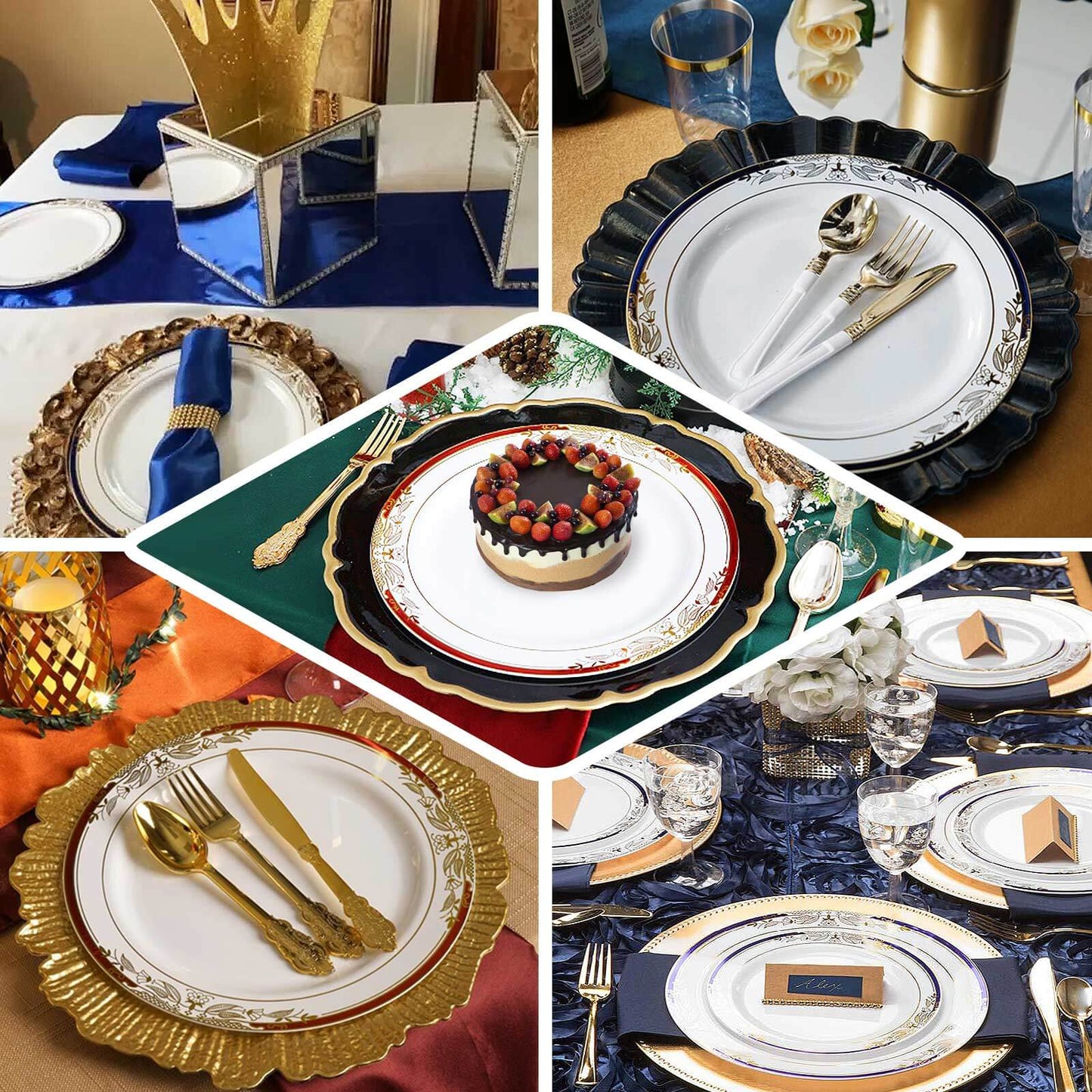 10 - Pack Plastic 10" Round Dinner Plates in White with Royal Blue Rim - Stylish Gold Vine Design Disposable Party Plates for Special Occasions & Celebrations - Linen Luxes