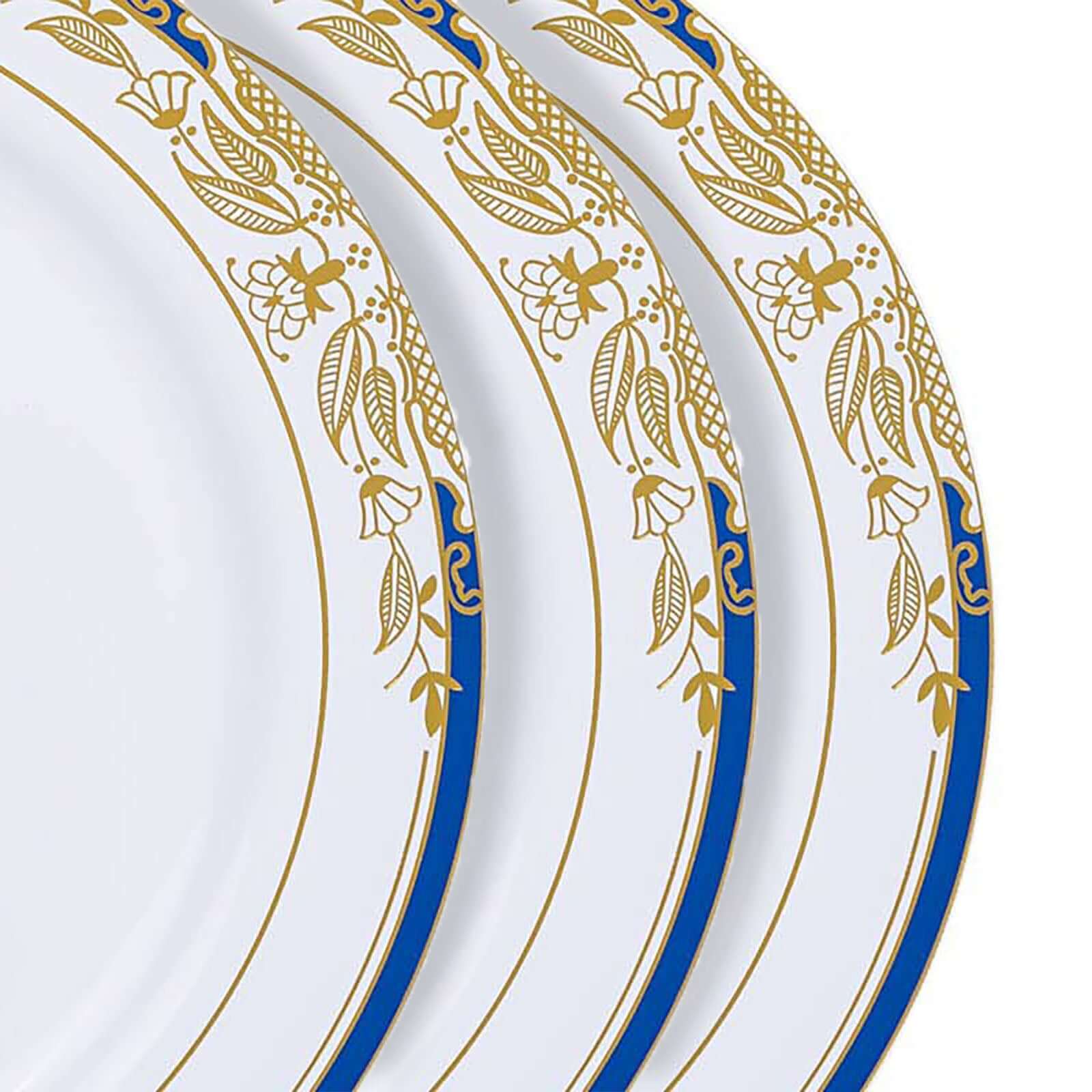10 - Pack Plastic 10" Round Dinner Plates in White with Royal Blue Rim - Stylish Gold Vine Design Disposable Party Plates for Special Occasions & Celebrations - Linen Luxes