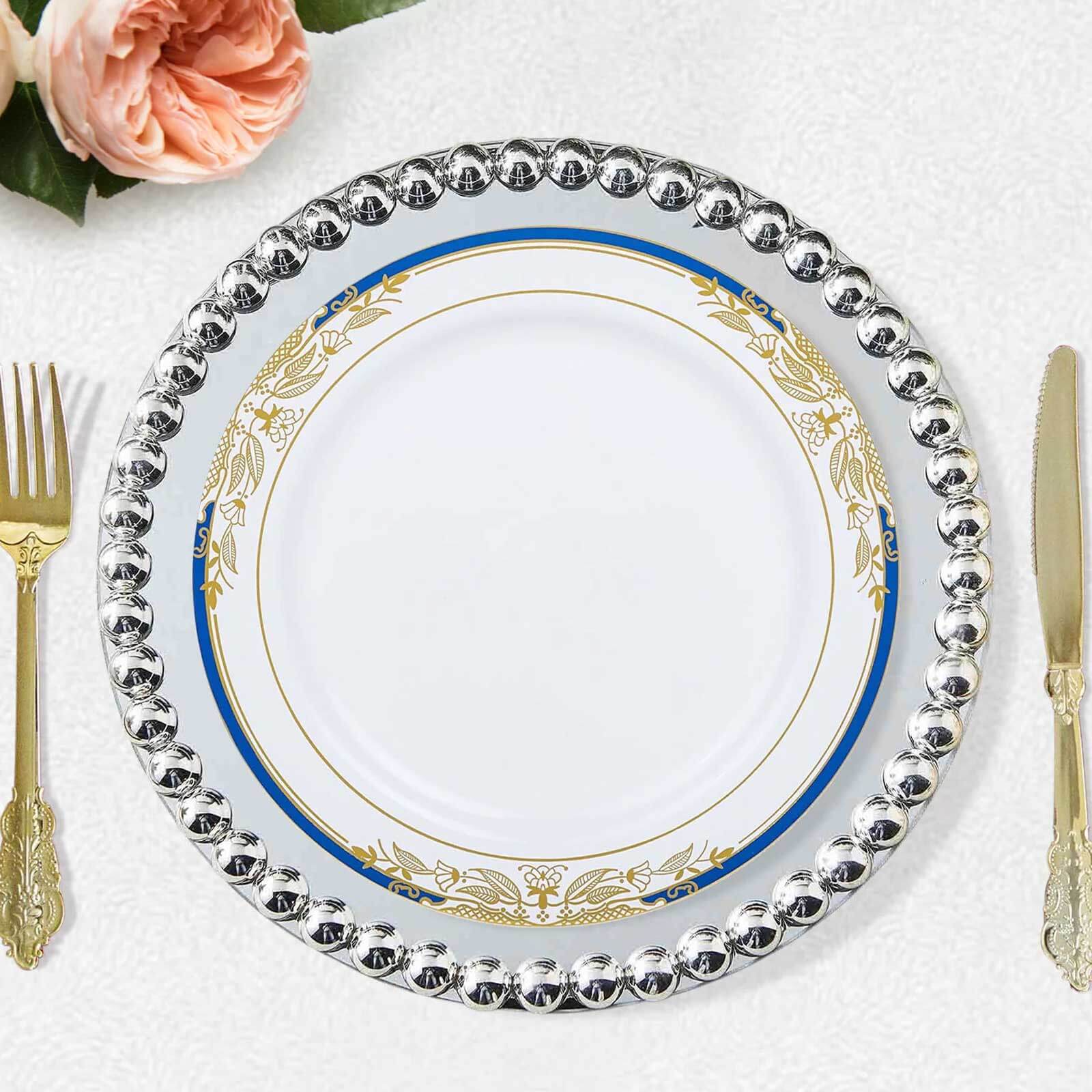 10 - Pack Plastic 10" Round Dinner Plates in White with Royal Blue Rim - Stylish Gold Vine Design Disposable Party Plates for Special Occasions & Celebrations - Linen Luxes