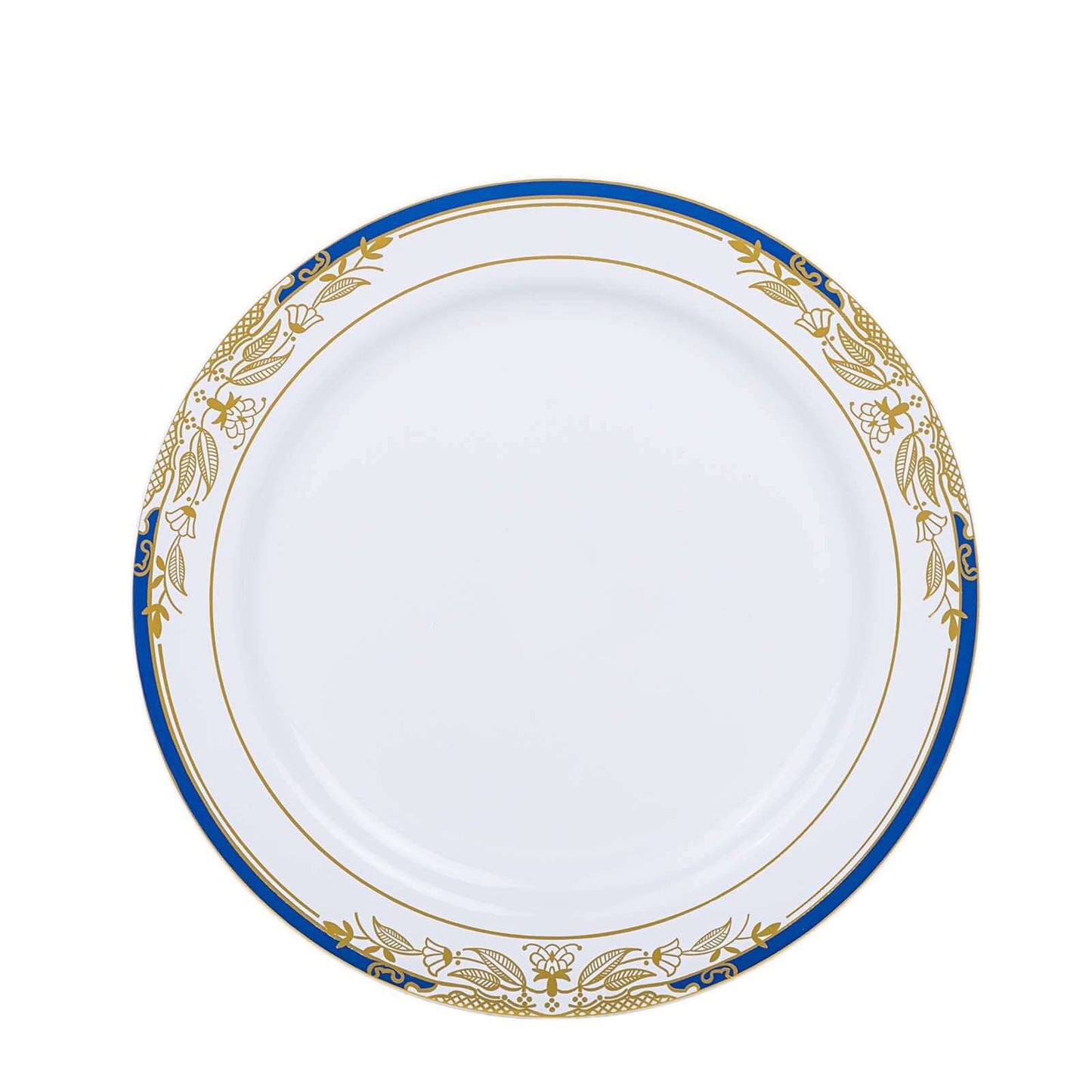 10 - Pack Plastic 10" Round Dinner Plates in White with Royal Blue Rim - Stylish Gold Vine Design Disposable Party Plates for Special Occasions & Celebrations - Linen Luxes