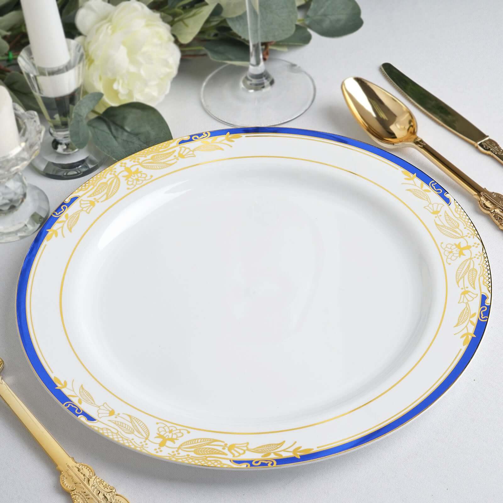10 - Pack Plastic 10" Round Dinner Plates in White with Royal Blue Rim - Stylish Gold Vine Design Disposable Party Plates for Special Occasions & Celebrations - Linen Luxes