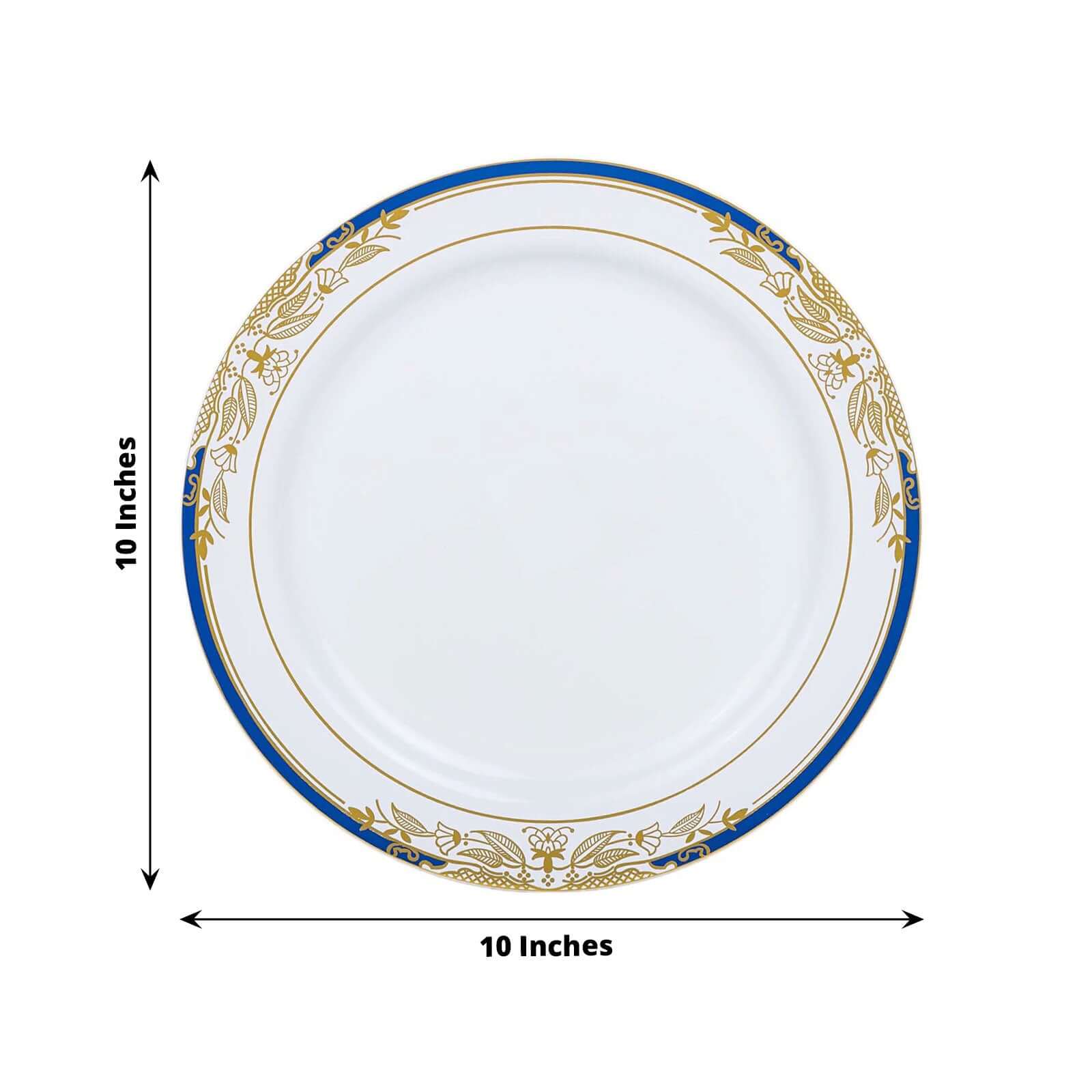 10 - Pack Plastic 10" Round Dinner Plates in White with Royal Blue Rim - Stylish Gold Vine Design Disposable Party Plates for Special Occasions & Celebrations - Linen Luxes