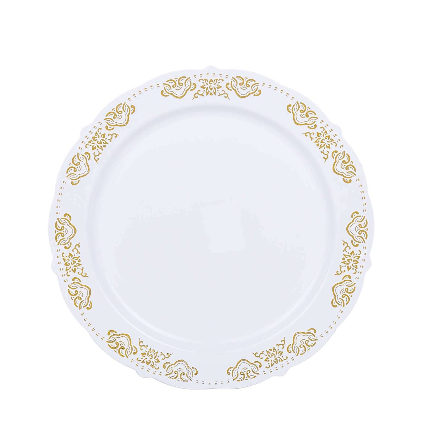 10 - Pack Plastic 7.5" Round Appetizer Plates in White with Gold Embossed Scalloped Edge - Chic Disposable Salad Plates for Special Occasions & Banquets - Linen Luxes
